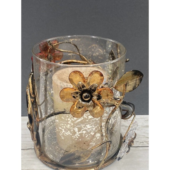 Vintage Gilded Metal Crystal Flowers Floral Design 3 Pc Pillar Candle Holder - Picture 5 of 11